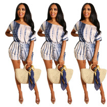 Online Sale Oblique Shoulder Printing Short Jumpsuit SMD7001