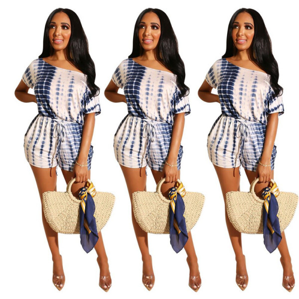Online Sale Oblique Shoulder Printing Short Jumpsuit SMD7001