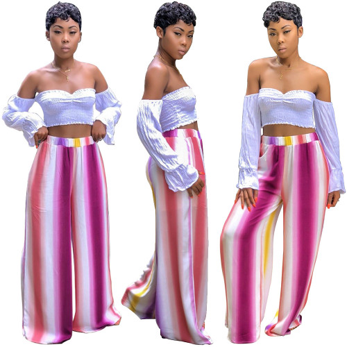 White Strapless Tops Wide Leg Colorful Pants Sets SY8262