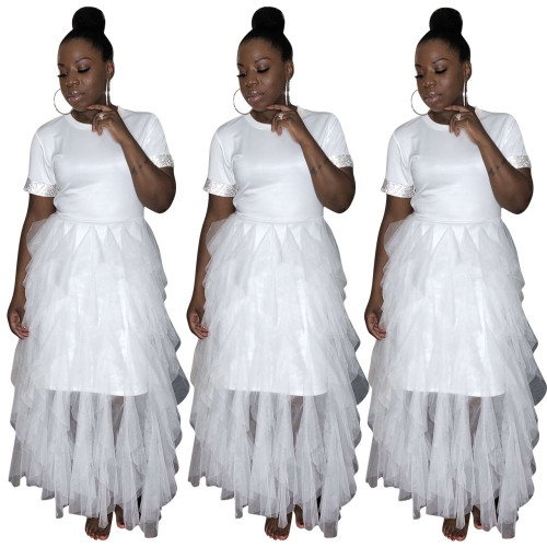 Ruffle Mesh Patchwork Round Collar White Long Dress ED8109
