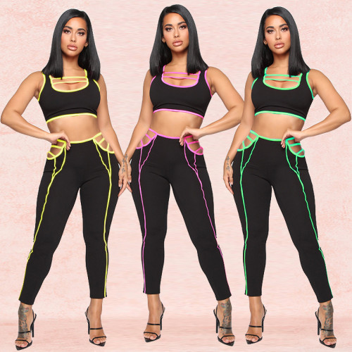 Hot Color Patchwork Track Suits Tank Top Skinny Pants XZ3280