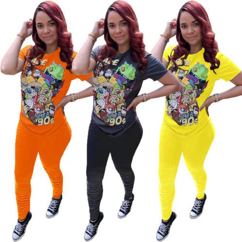 Solid color printed short-sleeved trousers sports suit two-piece suit AG8030