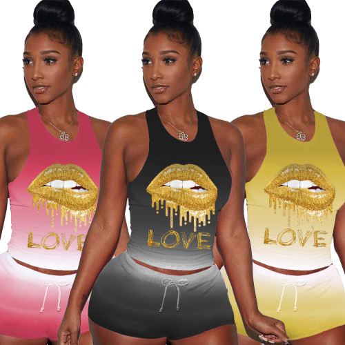 Personalized gold lips printed vest two piece set LY5835