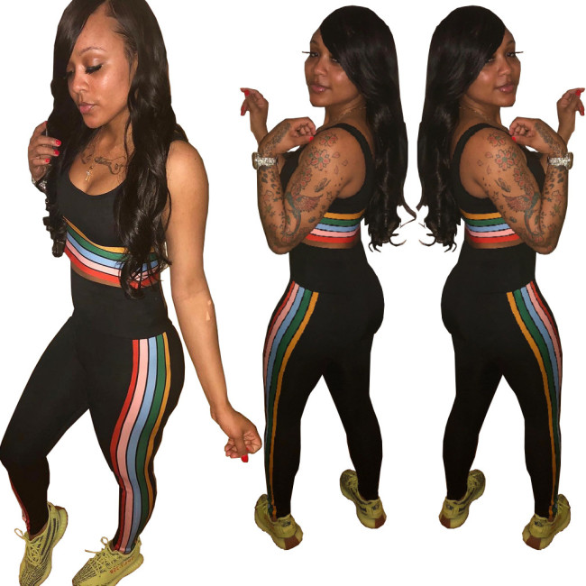 Women Rainbow Stripe Patchwork Two-Piece Suits MR184