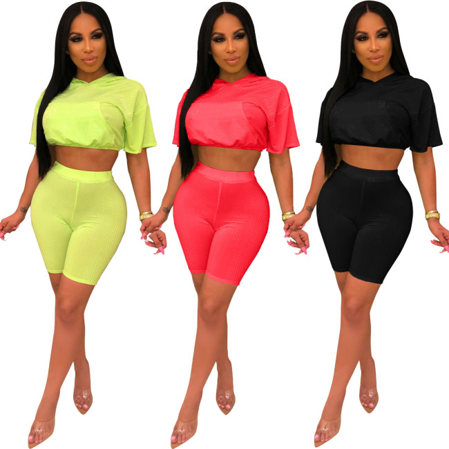 Sports Pure Color Mesh Sets Hooded Crop Top Bodycon Shorts RB3013