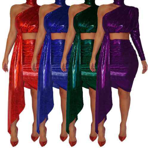 Sexy Pure Color Clubwear Shiny Irregular Skirt Suits SMR9344