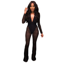 Sexy Deep V Neck Mesh Black Jumpsuits LM936