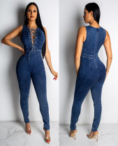 Sexy Sleeveless Bandage Demin Bodycon Jumpsuits LA3076