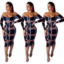 Off Shoulder Plaid Long Sleeves Midi Bodycon Dress CY1136
