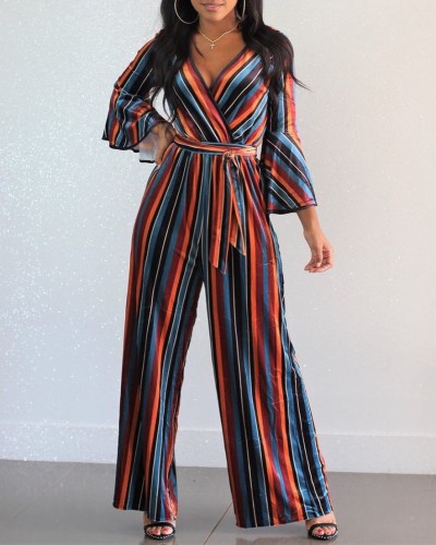 Colorful Striped Deep V Neck Casual Women Jumpsuit MDF-5011