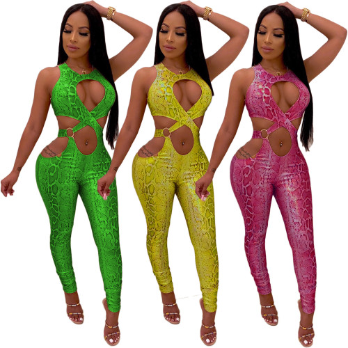 Sleeveless Hollow Out Snake Print Tight Jumpsuit AMM8177