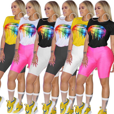 Hot Sale Women Suits Mouth Printing T-Shirt Solid Color Shorts HG5198