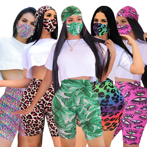 Fashionable multi-color printed sports shorts, three-piece suit women (including masks) SN3796