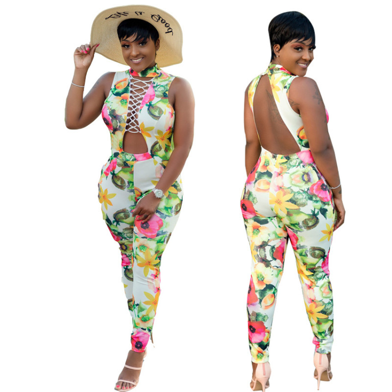 Floral Printed Sleeves Sexy Women Summer Jumpsuit LD603
