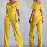 Office Ladies Casual Short Sleeve Yellow Jumpsuit D8246