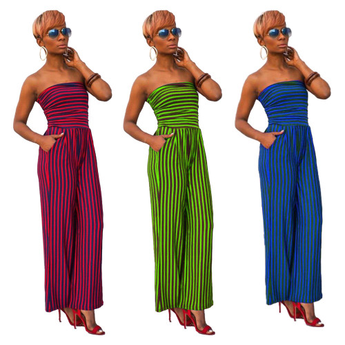 Stylish Ladies 3 Colors Off Shoulder Striped Wide Leg Jumpsuit HHM6146
