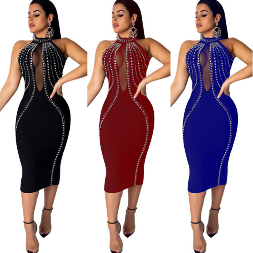 Sleeveless hot drilling mesh perspective backless dress party dress ME2659