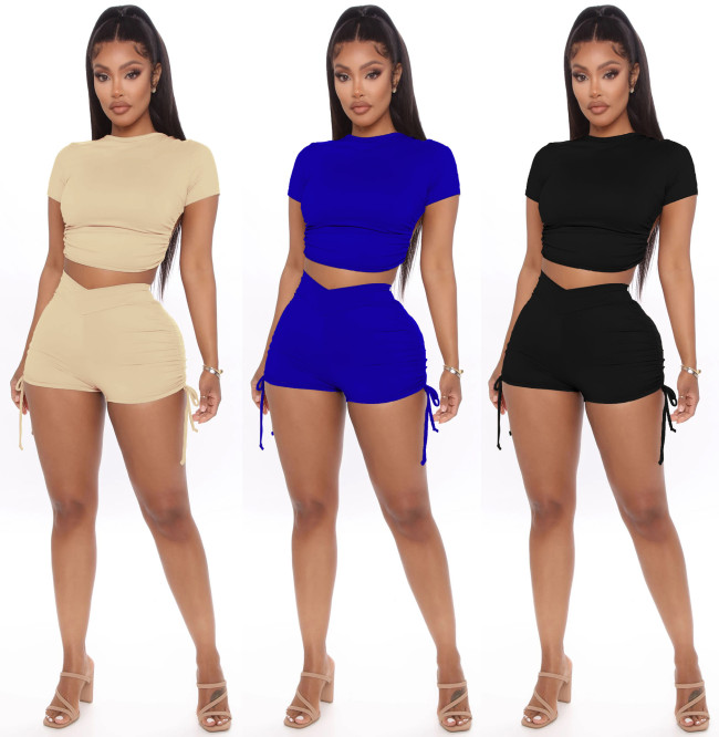 Fashion casual sexy drawstring tie shorts suit two piece set W8271