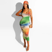 Hot Sell Sleeveless Printing Strappy Midi Dress With Belt MDA158