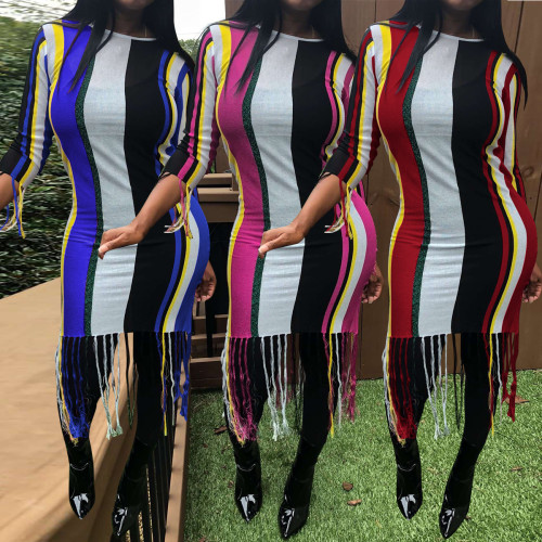 Trendy Slim Bodycon Ladies Stripe Dress With Tassel ALS060
