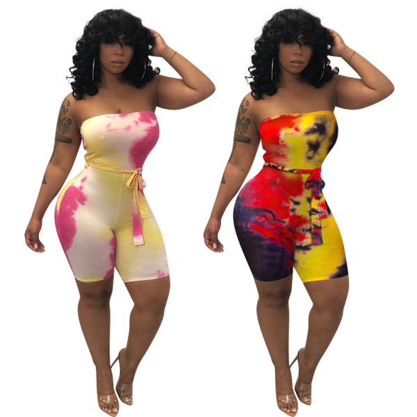Sexy sleeveless tie-dyed wrapped chest jumpsuit KK8033