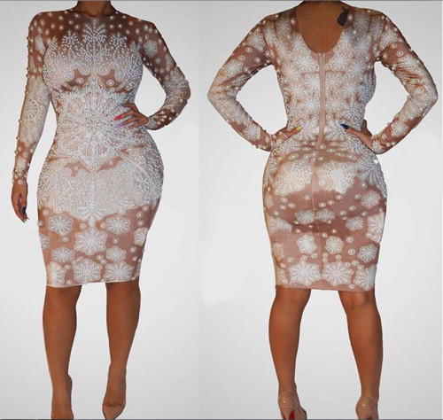 Trendy Printing Slim Bodycon Women Midi Dress SC491