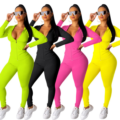 Newest Autumn Pure Color Tight Hooded Track Suits QQM3833