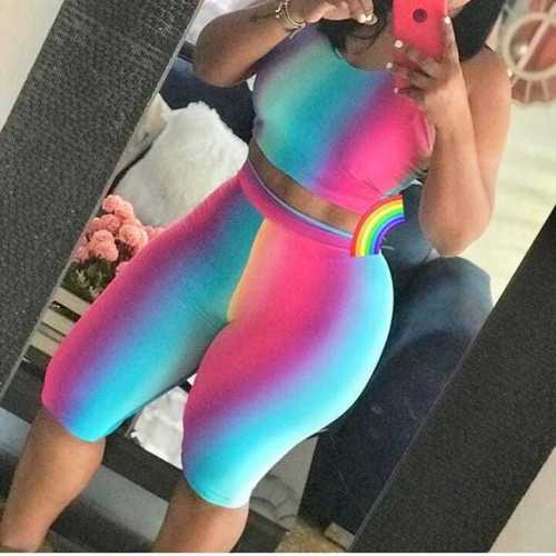 Rainbow Women Hot Suits Tank Top Bodycon Shorts ZH5027