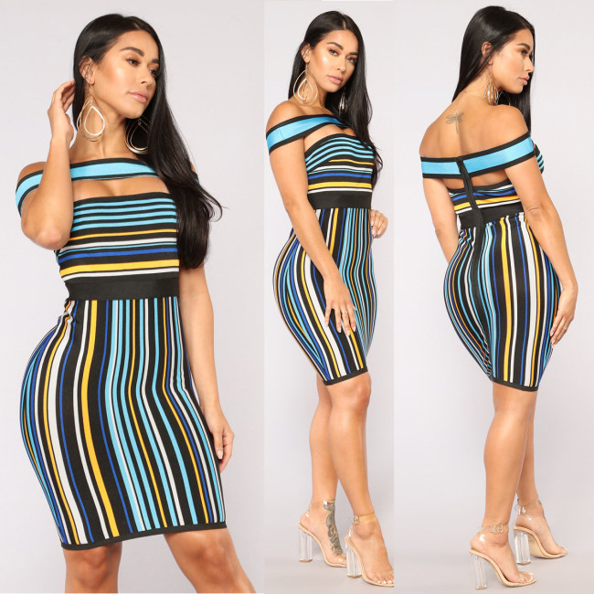 Mature Women Striped Slim Bodycon Midi Dress For Daily Wear JH004