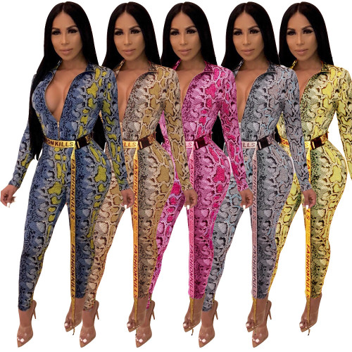 Zip Up Snake Print Bodycon Jumpsuit (Without Belt) A8332