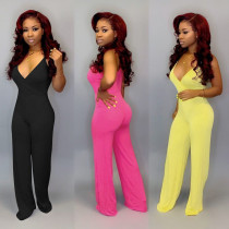 Cheap Pure Color V Collar Spaghetti Strap Long Jumpsuit E8406