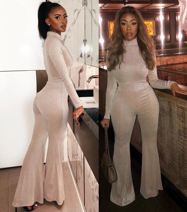 Stylish Women Long Sleeves Shiny Wide Leg Jumpsuit R6150