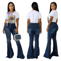 Printing Short Sleeves T Shirt Denim Ripped Flares Pants JLX8908 Printing Short Sleeves T Shirt Denim Ripped Flares Pants JLX8908