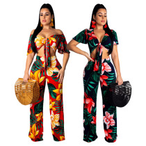 Flower Print Crop Tops Wide Leg Pants Sets SMR9191