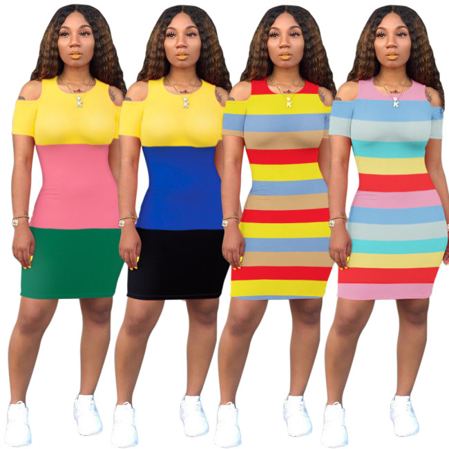 Wholesale Price Color Patchwork Cold-Shoulder Knee Length Dress MD221