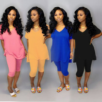 Pure Color Leisure Outfits V Collar Split T-Shirt Skinny Pants WY6566
