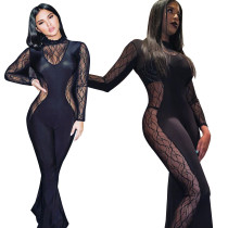 Sexy Black See Through Mesh Wide Leg Jumpsuits QZ6070