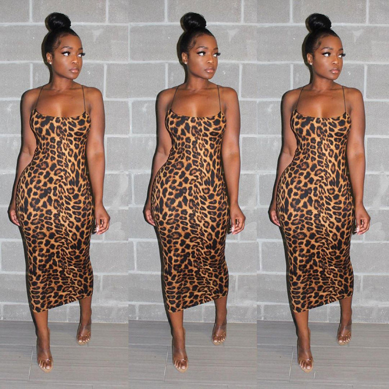 Slim Bodycon Leopard Printing Strappy Dress For Lady SN3631