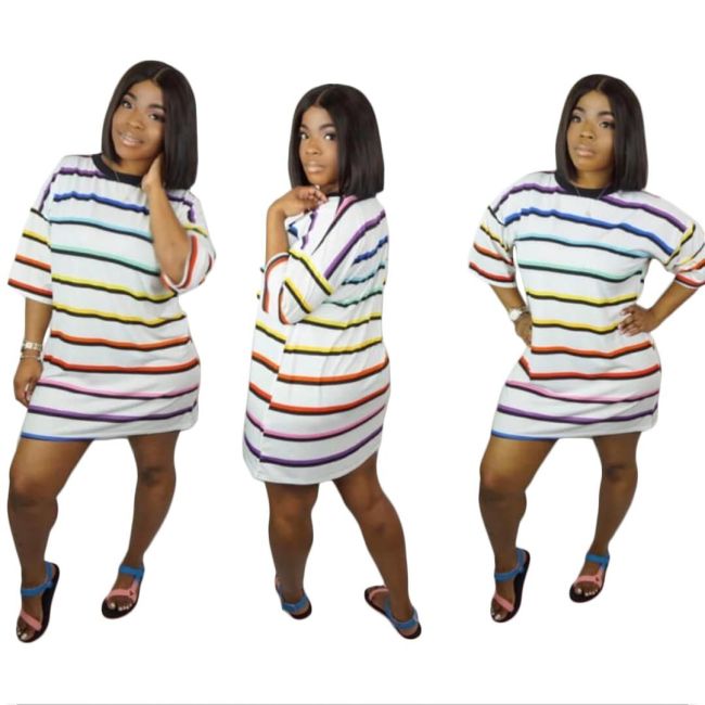 Casual Women Stripe Half Sleeves Loose Short Dress ORY5095