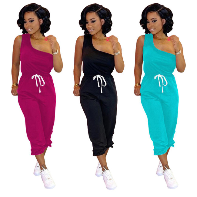 One Shoulder Top Drawstring Pants Oversize Solid Color Outfits TRS1005