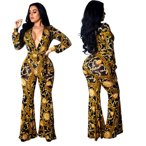 Mature Women Rompers Flower Printed V Neck Jumpsuit A8326