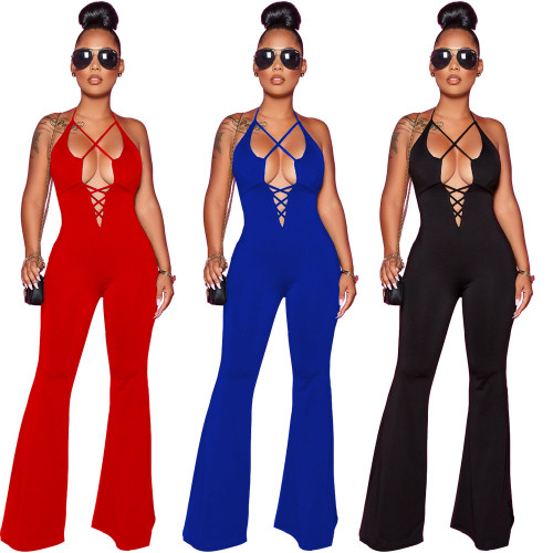 Backless Pure Color Spaghetti Strap Flares Jumpsuit WY6602