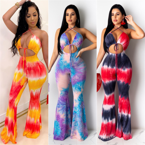 Sexy slim tie printed jumpsuit LS6346