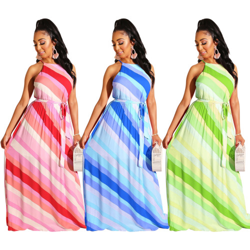 Holiday Ladies Colorful Strappy Maxi Dress With Belt MD218