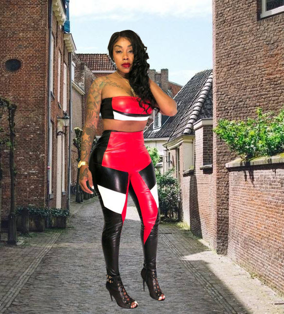 Pu Leather Strapless Tops Skinny Leggings 2 Pieces Sets LM9042