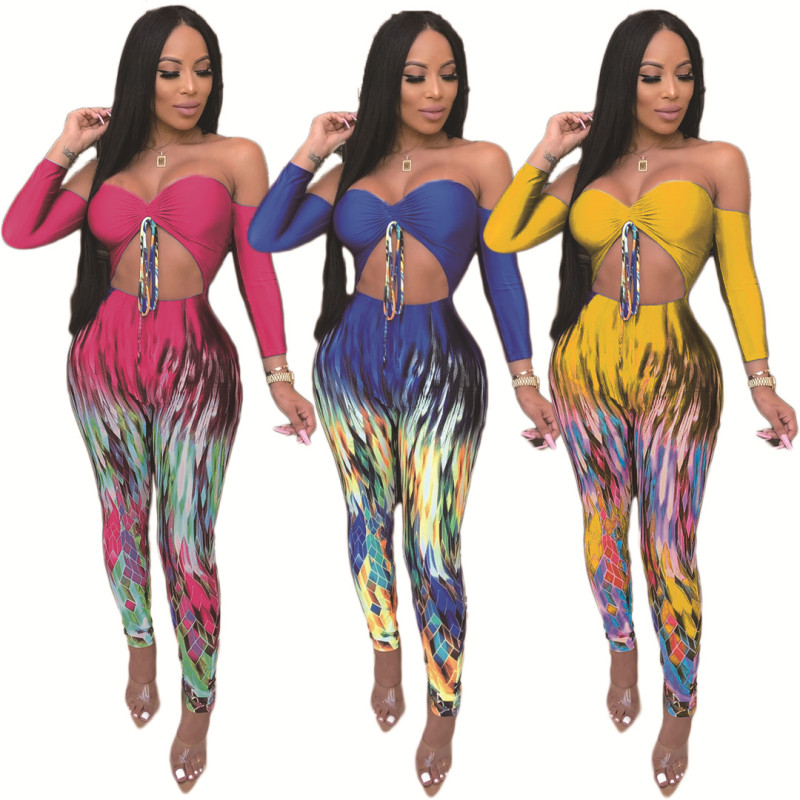 Irregular Printing Strapless Bodycon Jumpsuit For Sale AMM8176
