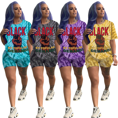 Casual tie-dye printed short sleeve shorts sports two-piece suit TS1036