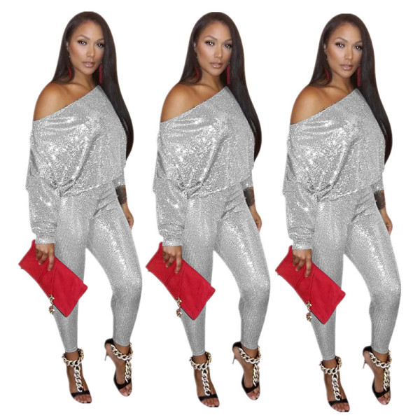 Fashion Sequin Outfits Oblique Shoulder Top Skinny Pants YYZ717