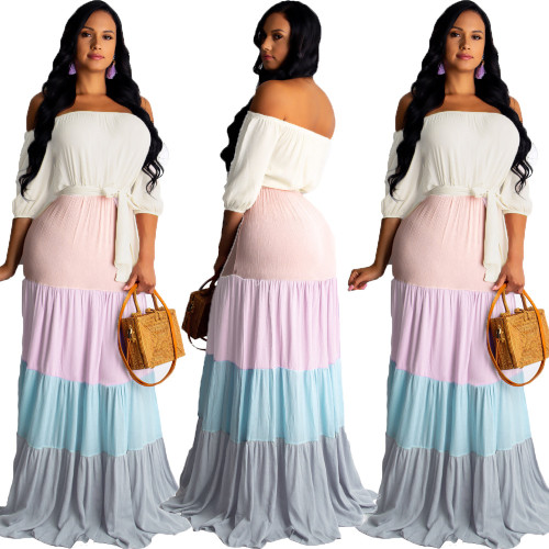 Stylish Color Block Flat Shoulder Floor Length Dress OMY5153