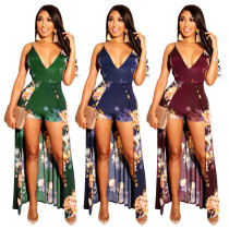 Fashion Floral Print Backless V Neck Bandage Jumpsuit ZS078